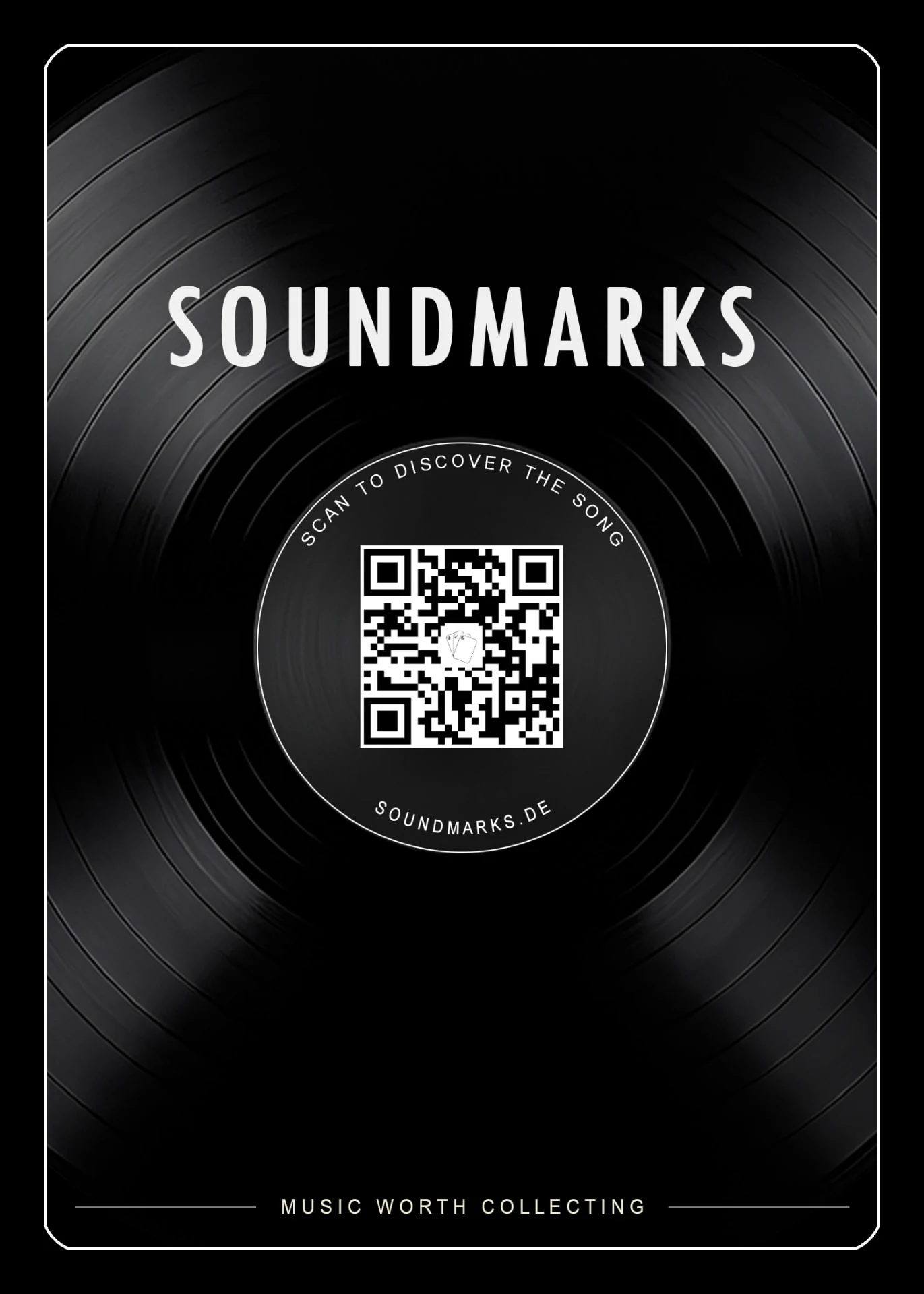Rückseite einer Soundmarks Songcard mit Schallplatten-Motiv, Soundmarks-Schriftzug und QR-Code zum Scannen des Songs.