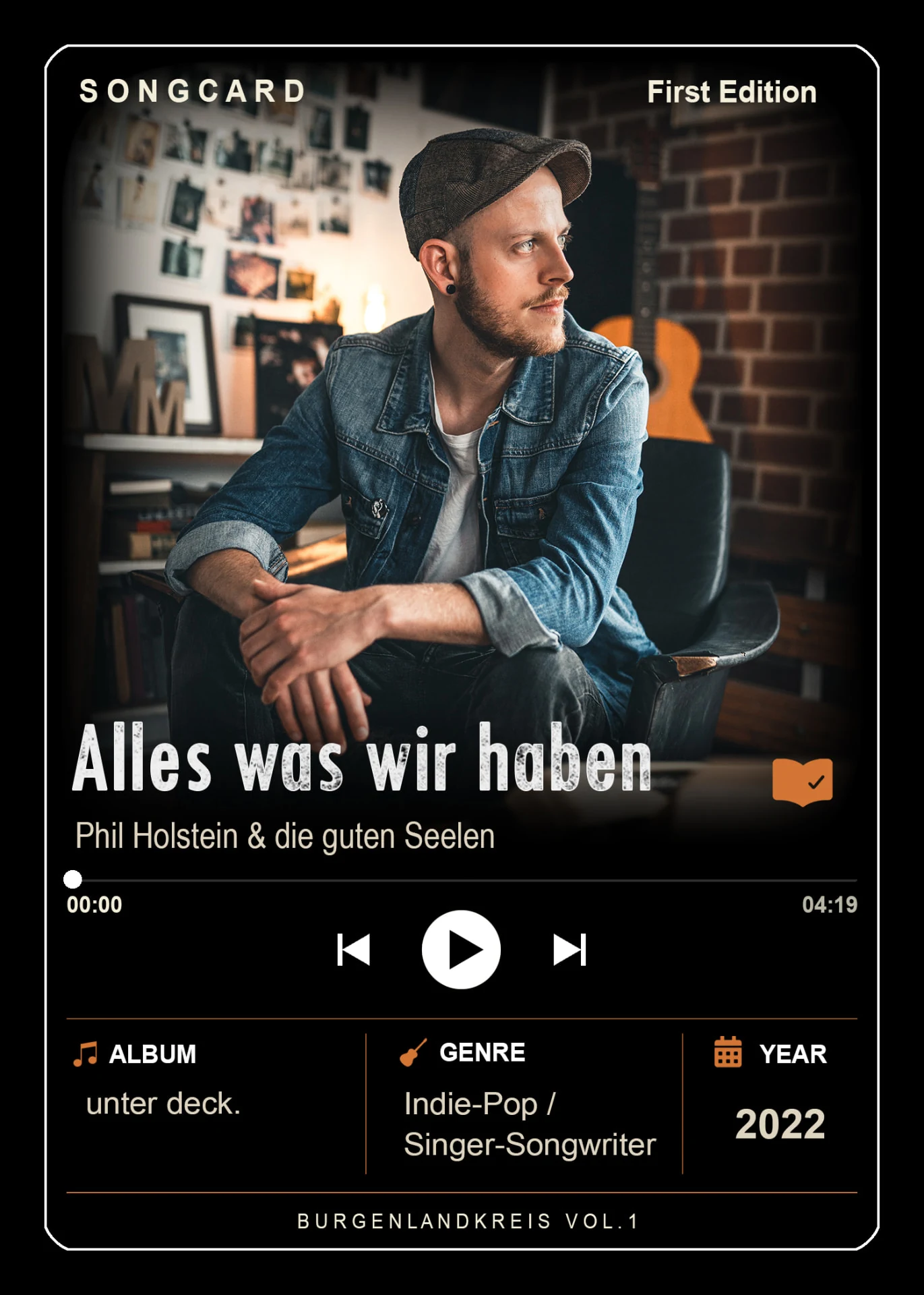 Soundmarks Songcard „Alles was wir haben“ von Phil Holstein & die guten Seelen, Album unter deck., Genre Indie-Pop / Singer-Songwriter, Jahr 2022, First Edition aus Burgenlandkreis Vol. 1.